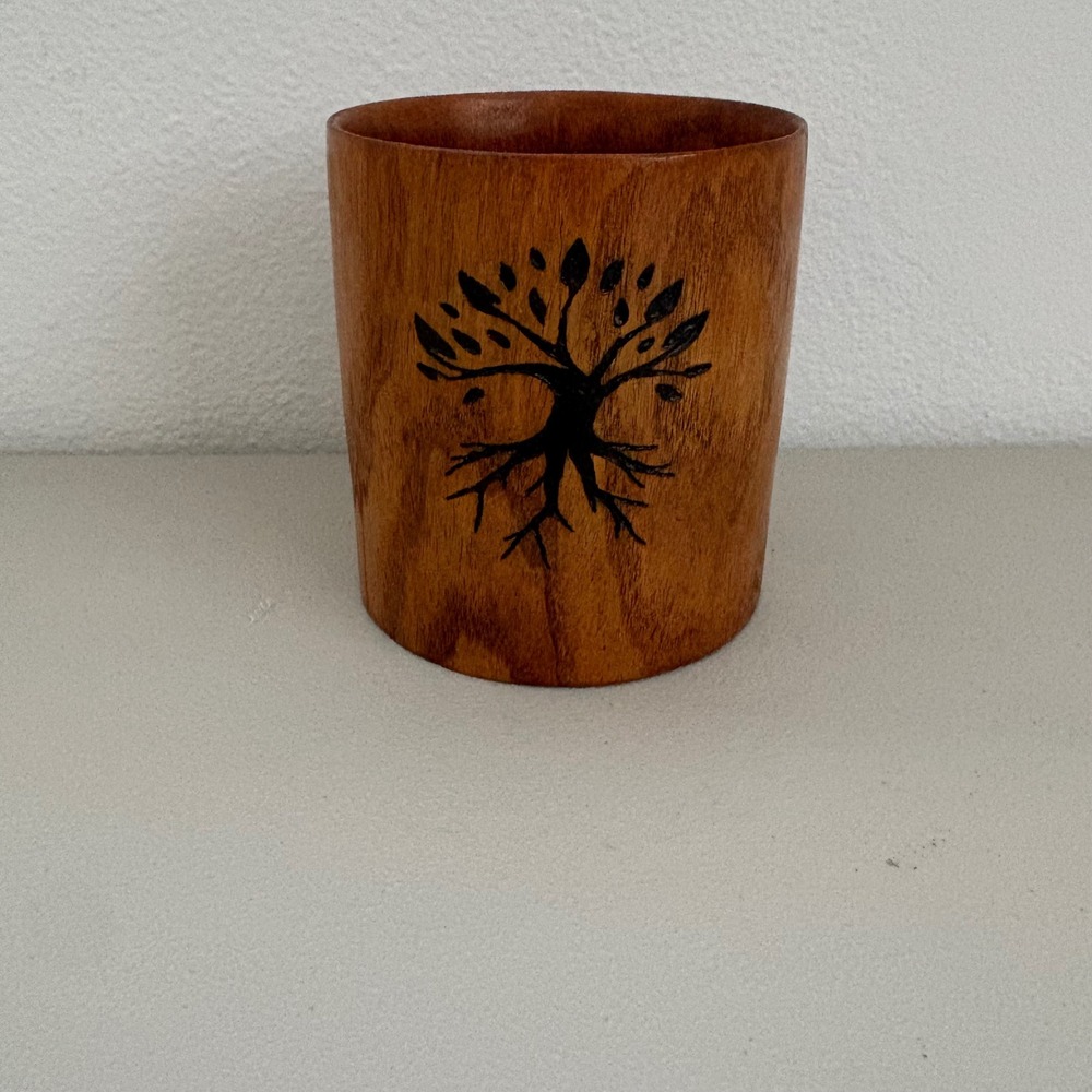 Handmade Wood Burned Tree of Life &‎ Green Man Wooden Cup Vessel 4.5" Nature
